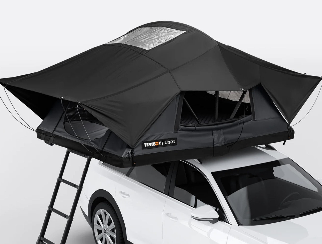 TentBox Lite XL Refresh roof tent fitted to a white car